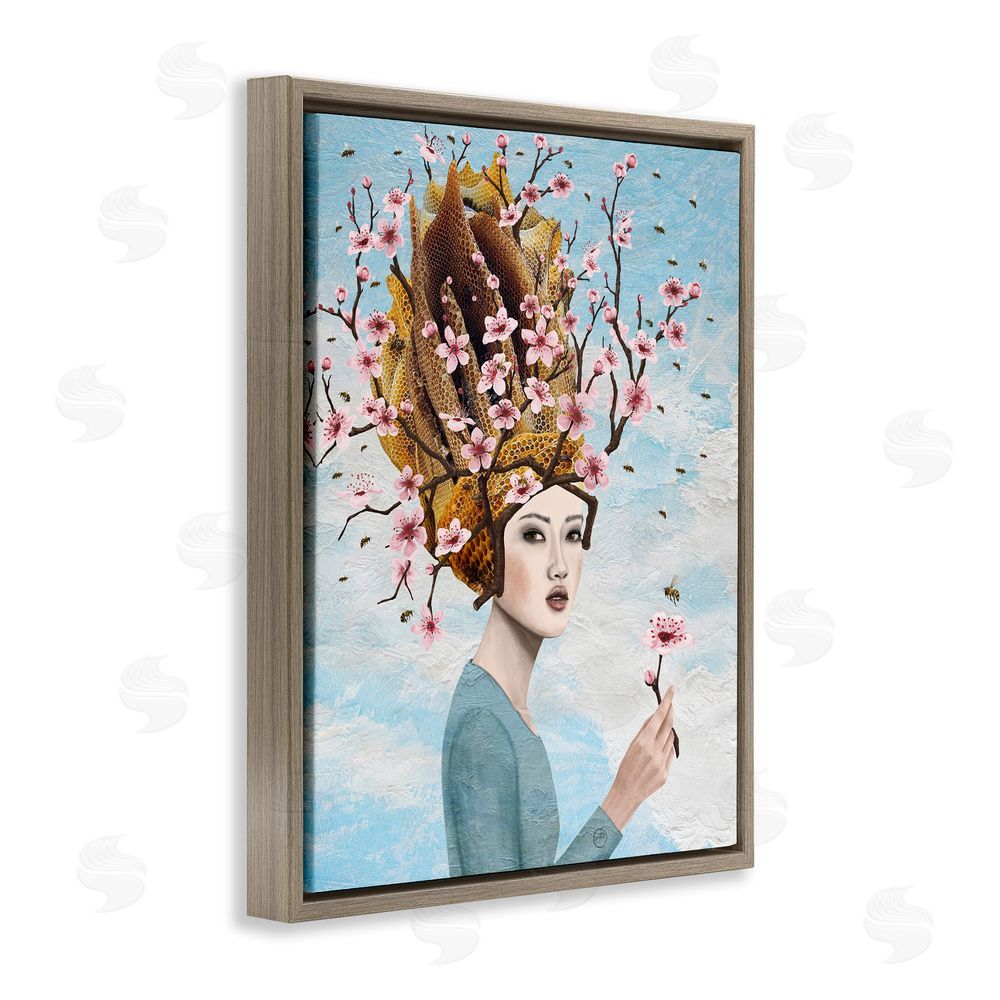 Paula Belle Flores Cherry Blossom Girl Brown Floating Frame Canvas Wall Art Print