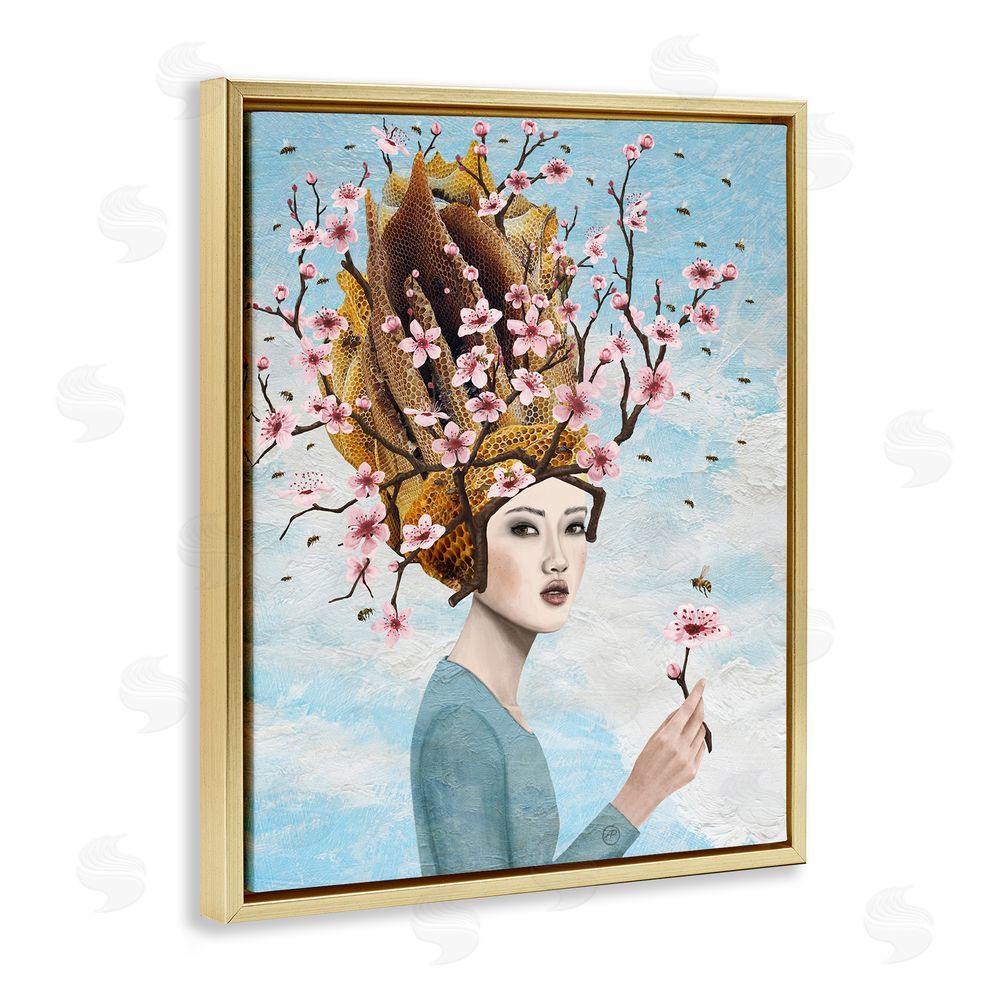 Paula Belle Flores Cherry Blossom Girl Gold Floating Frame Canvas Wall Art Print