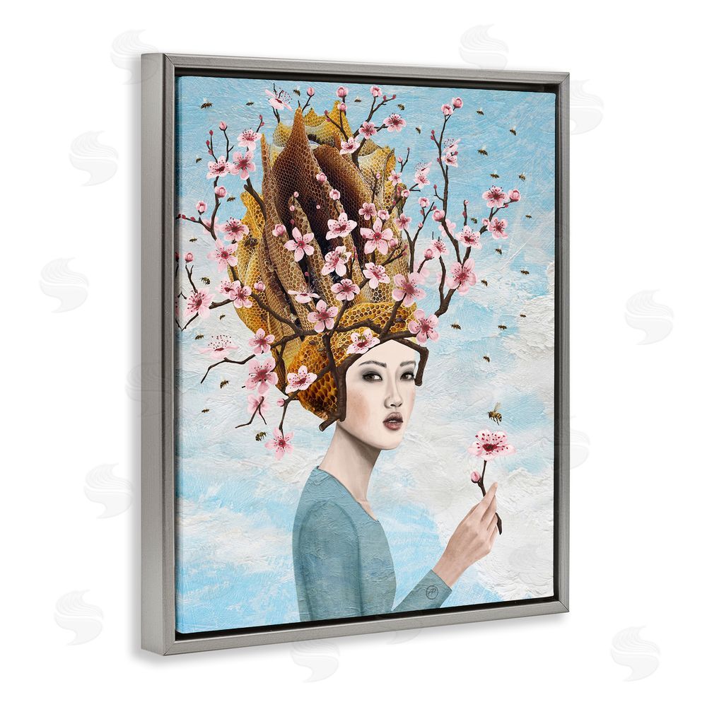 Paula Belle Flores Cherry Blossom Girl Gray Floating Frame Canvas Wall Art Print