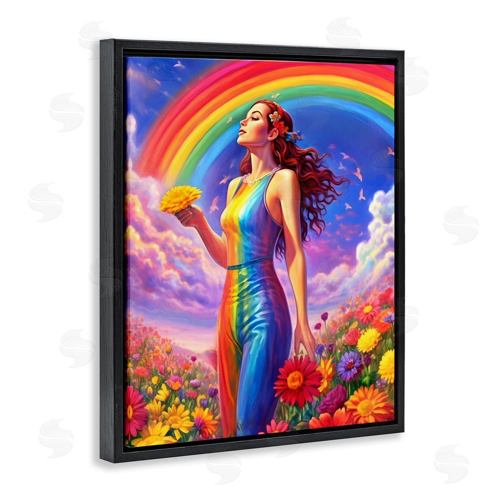 Spirit of the Rainbow Girl in Rainbow Meadow Black Floating Frame Canvas Wall Art Print