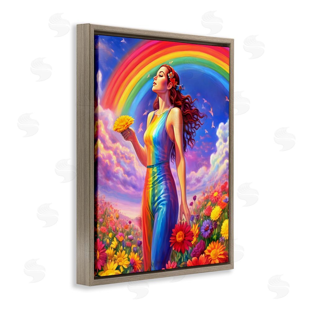 Spirit of the Rainbow Girl in Rainbow Meadow Brown Floating Frame Canvas Wall Art Print
