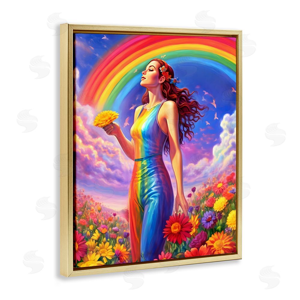 Spirit of the Rainbow Girl in Rainbow Meadow Gold Floating Frame Canvas Wall Art Print