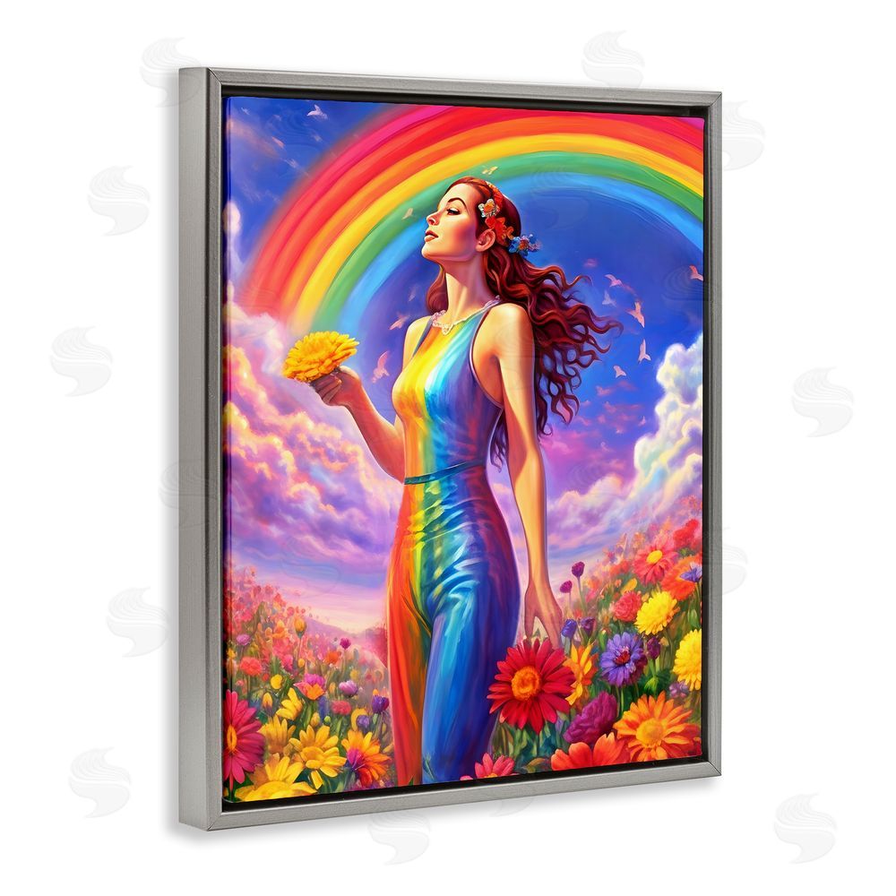 Spirit of the Rainbow Girl in Rainbow Meadow Gray Floating Frame Canvas Wall Art Print