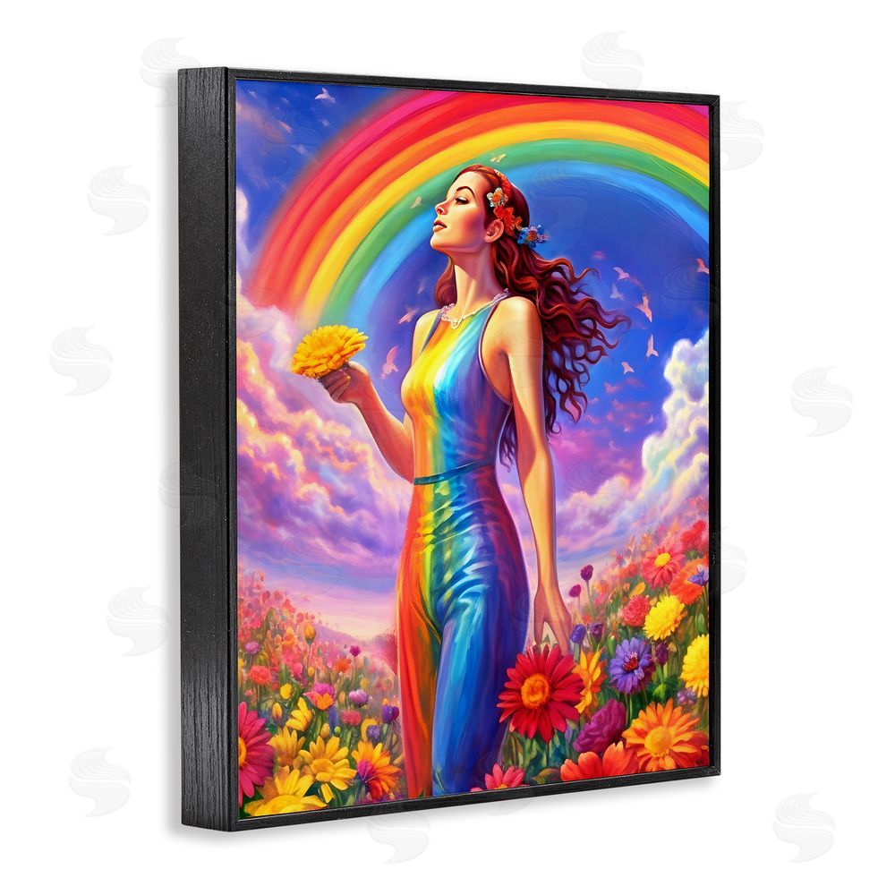 Spirit of the Rainbow Girl in Rainbow Meadow Black Framed Giclee Wall Art Print