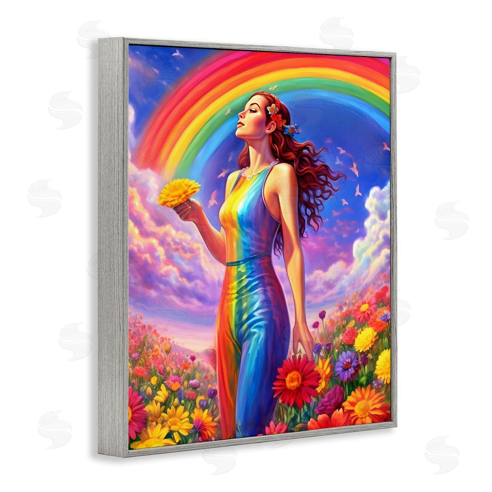 Spirit of the Rainbow Girl in Rainbow Meadow Gray Framed Giclee Wall Art Print