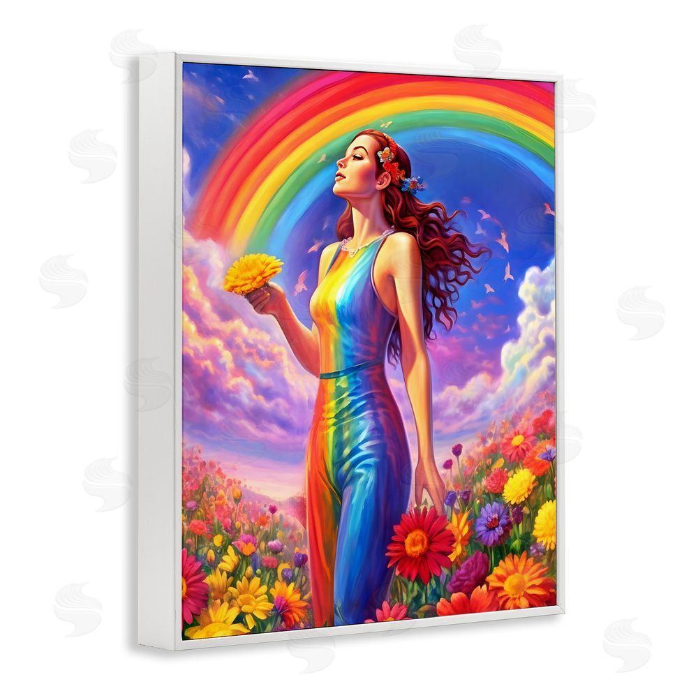 Spirit of the Rainbow Girl in Rainbow Meadow White Framed Giclee Wall Art Print