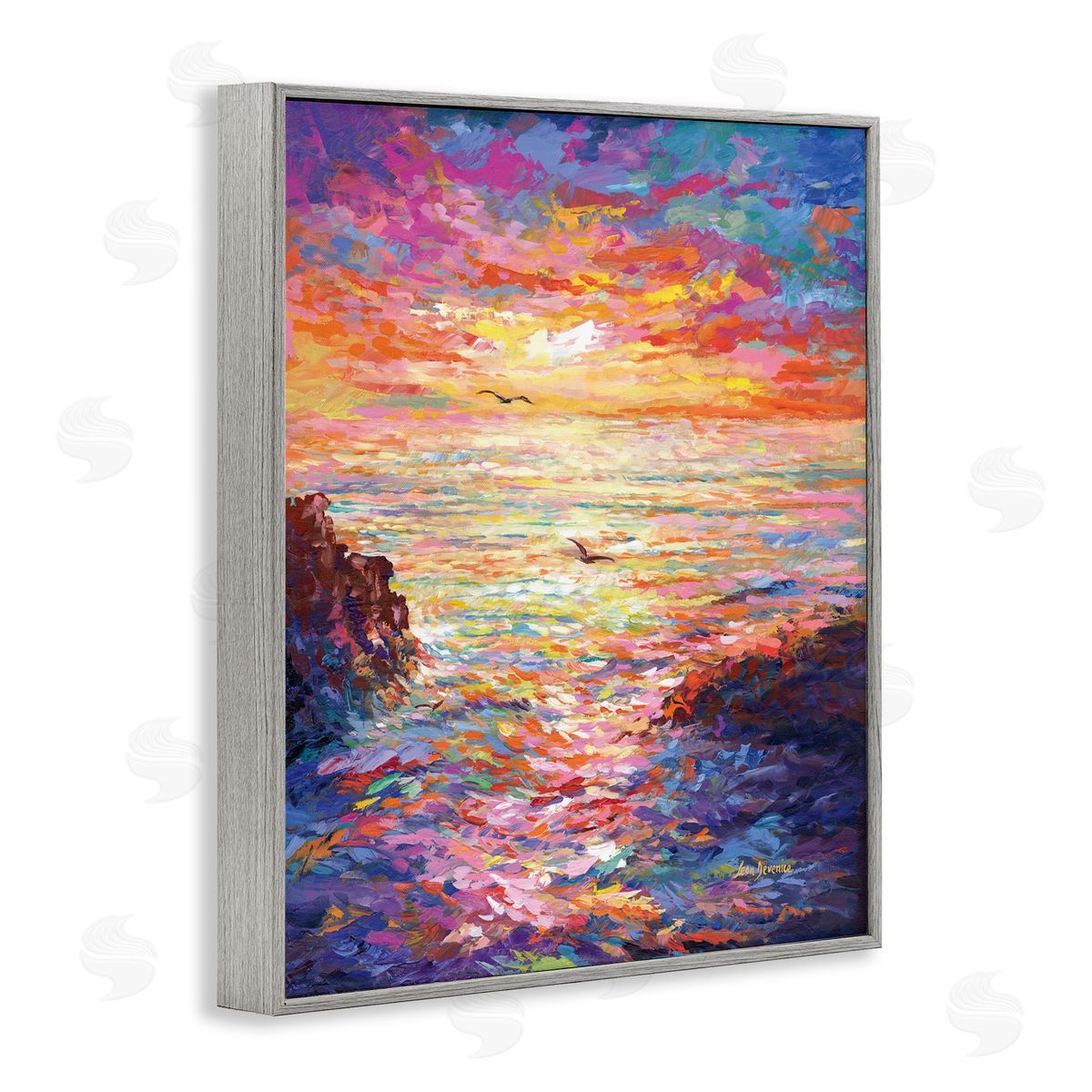 Vibrant Abstract Ocean Sunset Grey Frame Print Wall Art, Home Decor by Leon Devenice