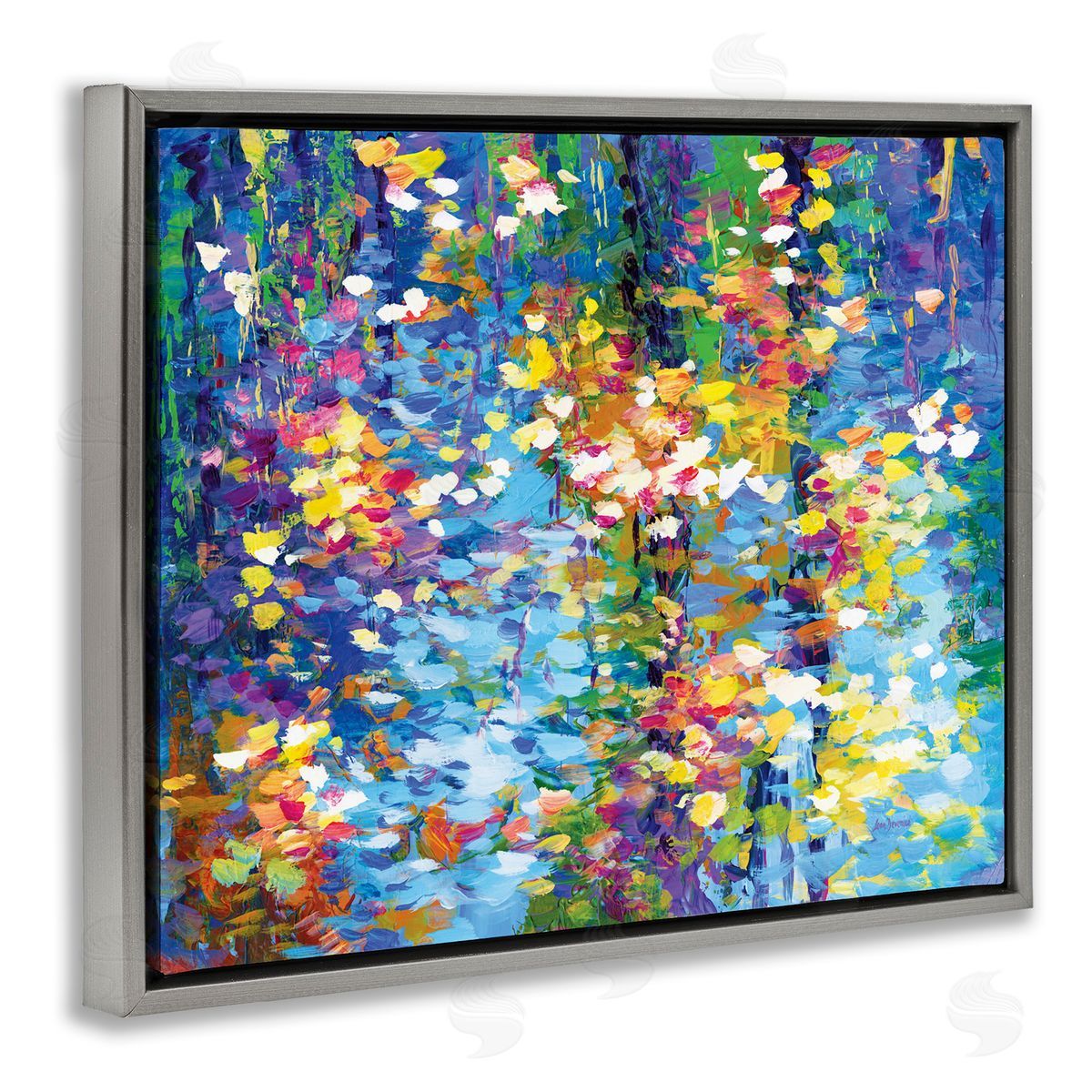 Colorful Reflections Lake Flowers Grey Floating Frame Canvas Wall Art, Home Decor by Leon Devenice