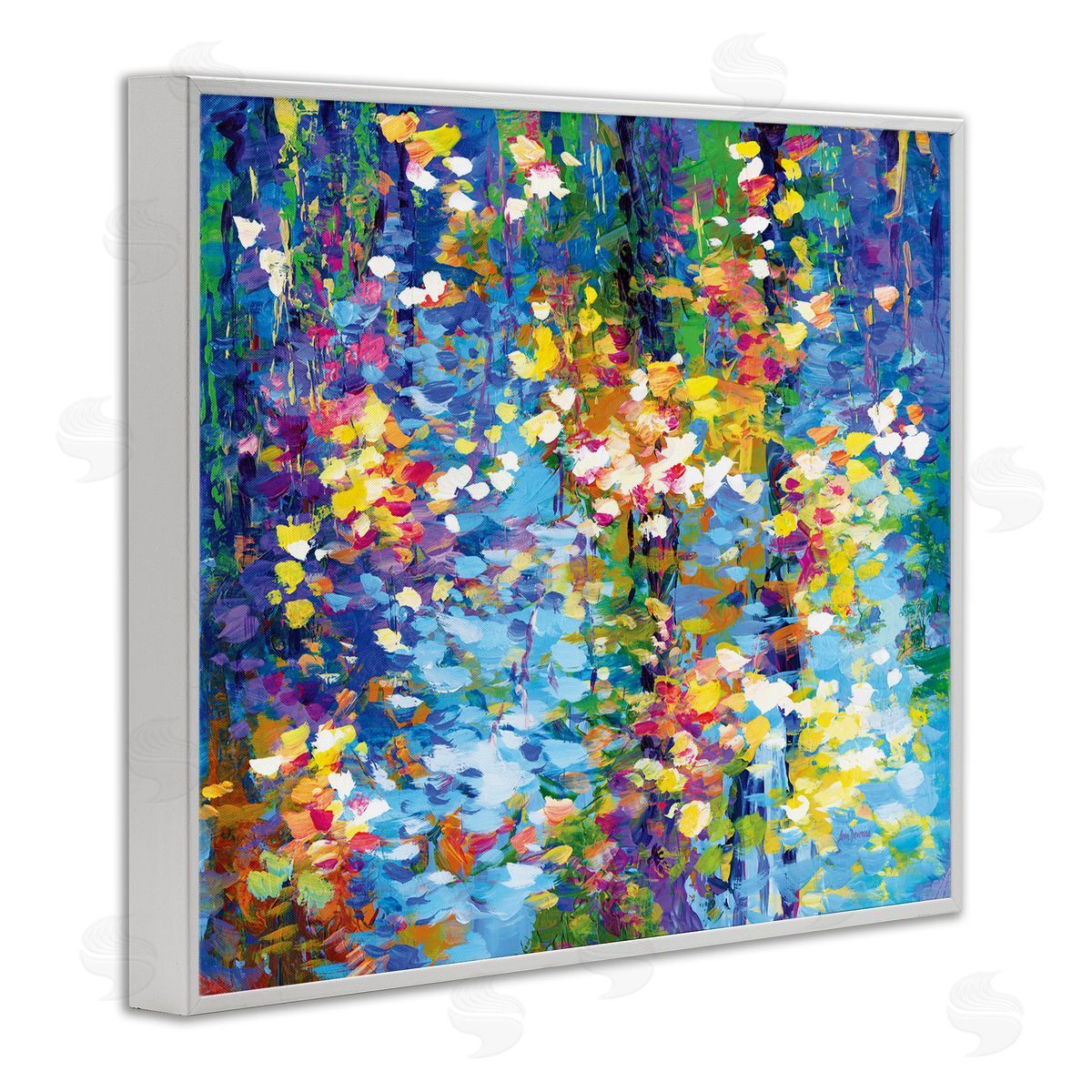 Colorful Reflections Lake Flowers White Frame Print Wall Art, Home Decor by Leon Devenice