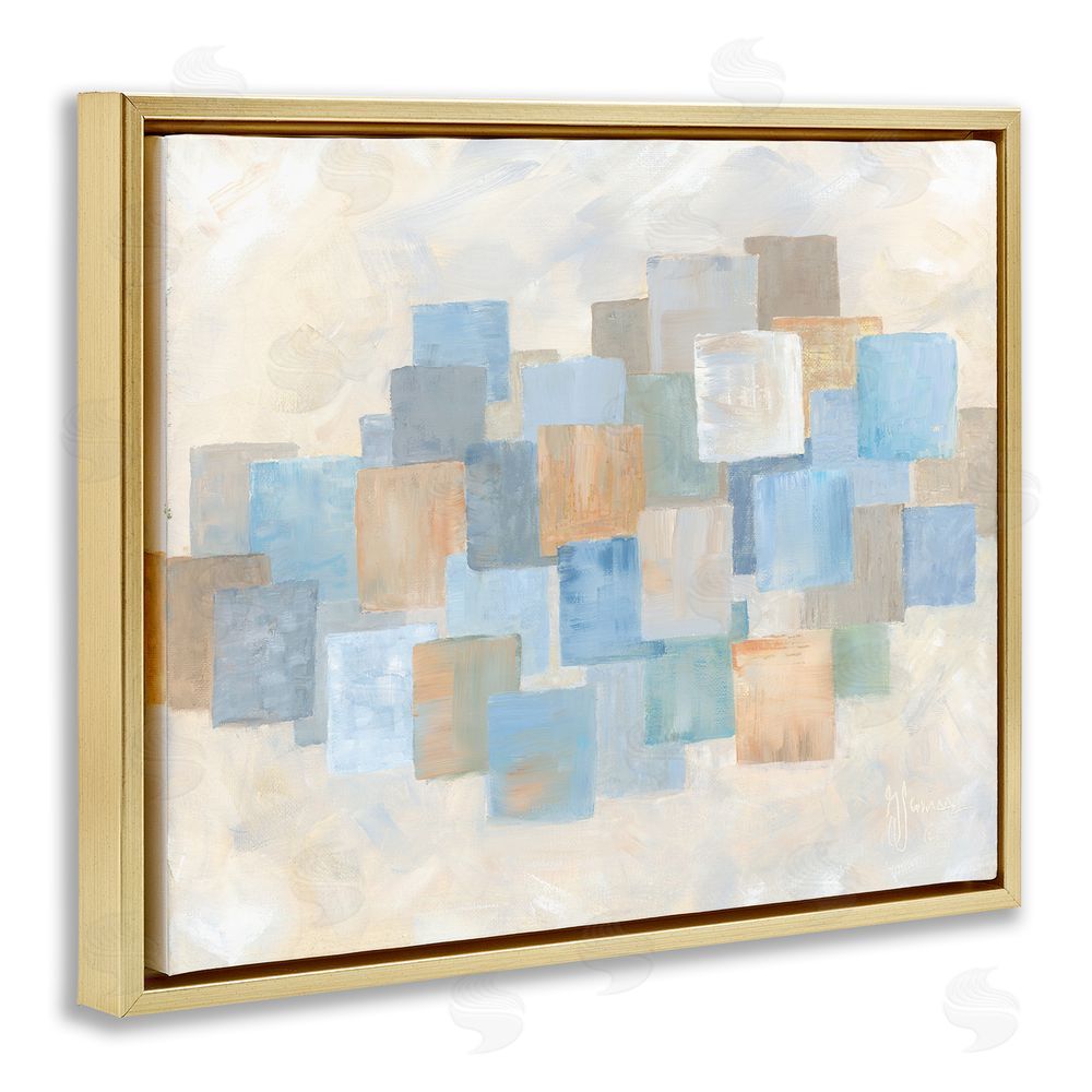 Georgia Janisse Layered Blue Beige Squares Gold Floating Frame Canvas Wall Art Print