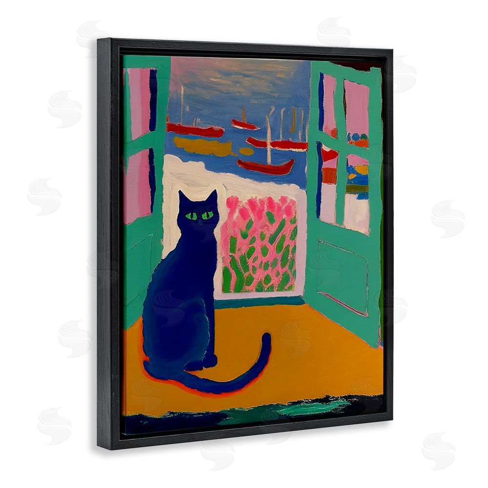 Gary Shergill Designs Black Cat in Doorway Black Floating Frame Canvas Wall Art Print