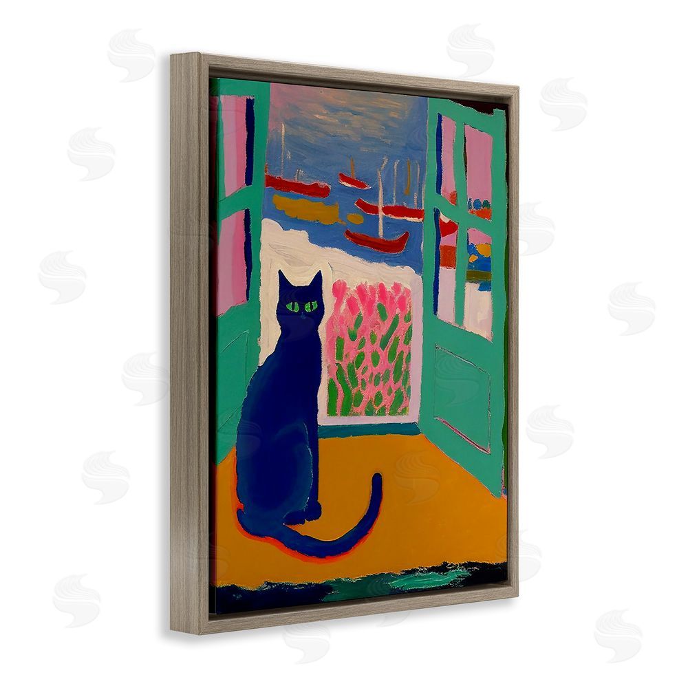 Gary Shergill Designs Black Cat in Doorway Brown Floating Frame Canvas Wall Art Print
