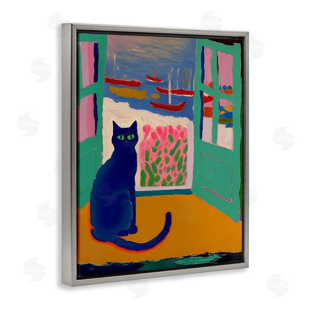 Gary Shergill Designs Black Cat in Doorway Grey Floating Frame Canvas Wall Art Print