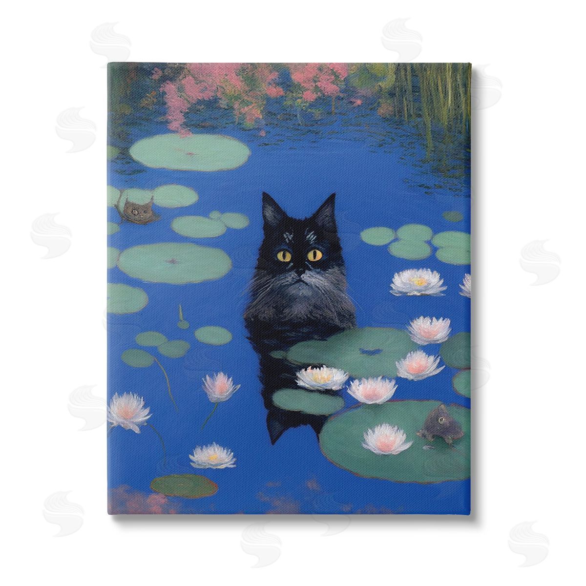 Gary Shergill Designs Black Cat in Pond Stretched Canvas Wall Art Print
