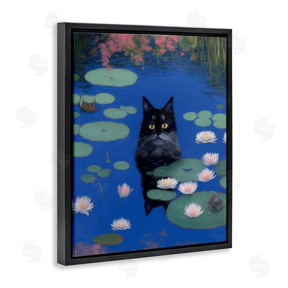 Gary Shergill Designs Black Cat in Pond Black Floating Frame Canvas Wall Art Print