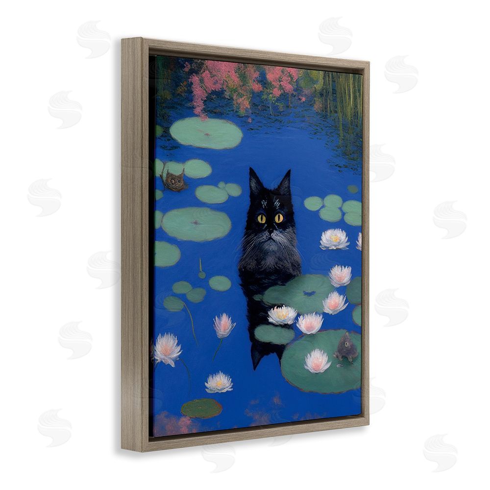 Gary Shergill Designs Black Cat in Pond Brown Floating Frame Canvas Wall Art Print