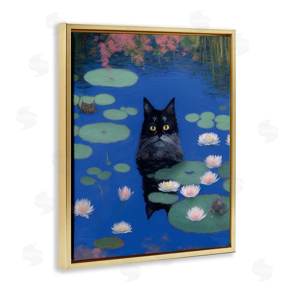 Gary Shergill Designs Black Cat in Pond Gold Floating Frame Canvas Wall Art Print