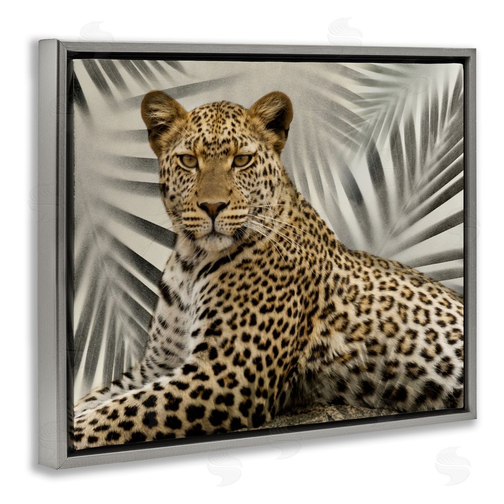 Danita Delimont Leopard with Palm Fronds Grey Floating Frame Canvas Wall Art Print