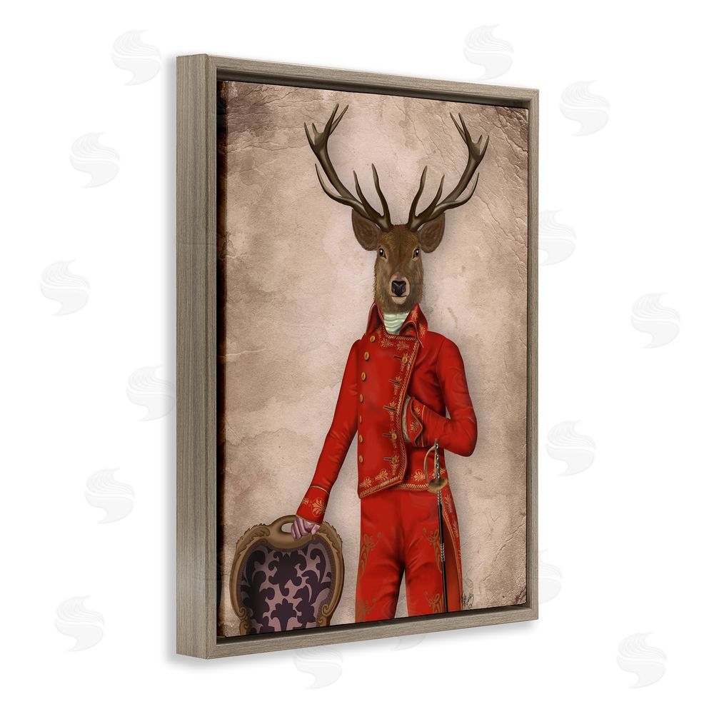 Fab Funky Fancy Elk in Red Suit Brown Floating Frame Canvas Wall Art Print
