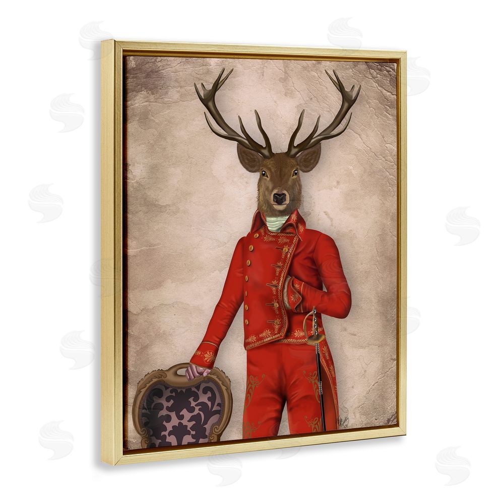 Fab Funky Fancy Elk in Red Suit Gold Floating Frame Canvas Wall Art Print