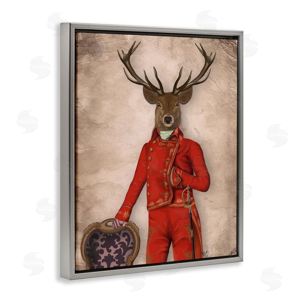 Fab Funky Fancy Elk in Red Suit Grey Floating Frame Canvas Wall Art Print