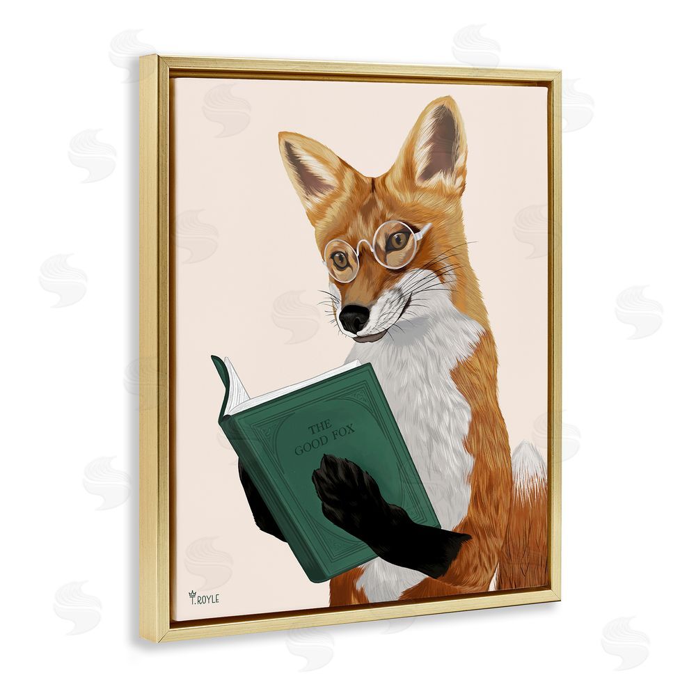 Tara Royle Wild Fox Reading Book Gold Floating Frame Canvas Wall Art Print