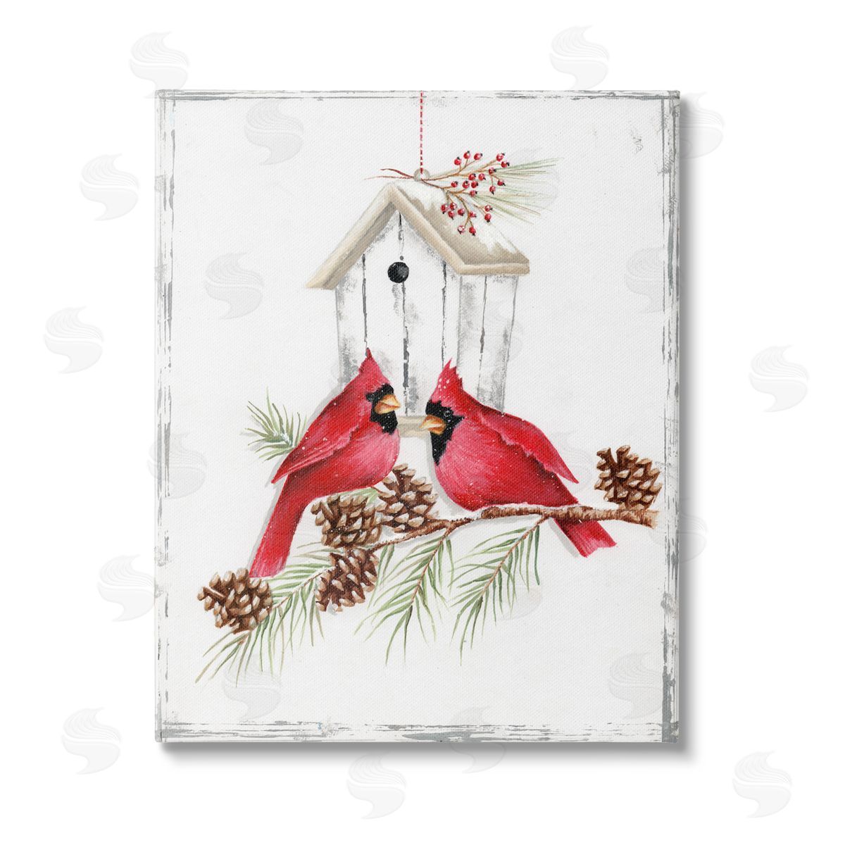 Emma Leach Cardinals & Snowy Birdhouse Stretched Canvas Wall Art Print