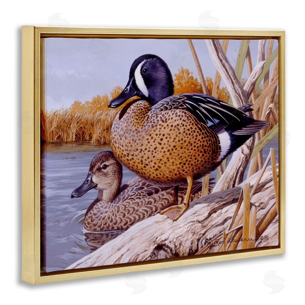Rod Lawrence Ducks at Pond's Edge Gold Floating Frame Canvas Wall Art Print