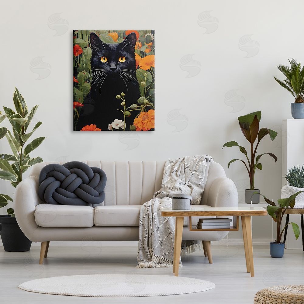 Gary Shergill Designs Black Cat Garden Flowers Canvas Wall Art Print in Room