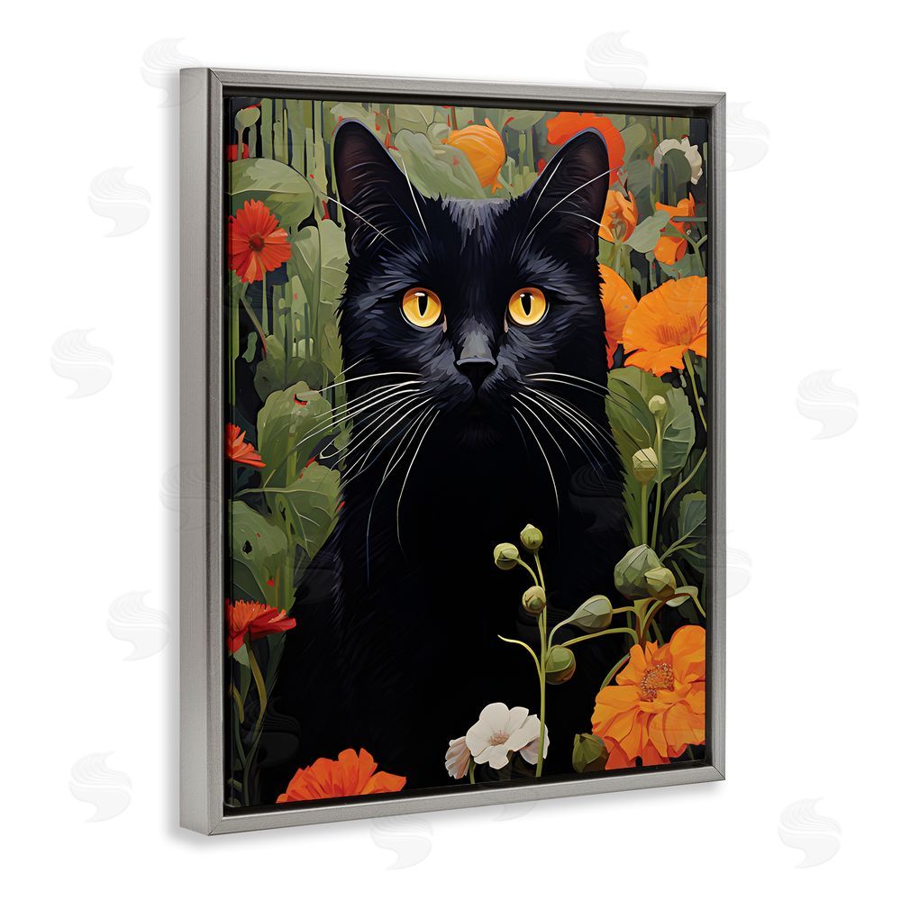 Gary Shergill Designs Black Cat Garden Flowers Grey Floating Frame Canvas Wall Art Print