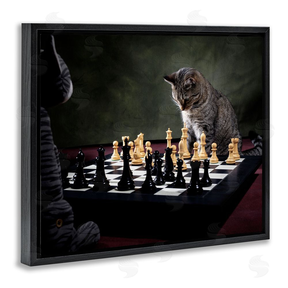 Jonathan Casey Cats Playing Chess Black Floating Frame Canvas Wall Art Print