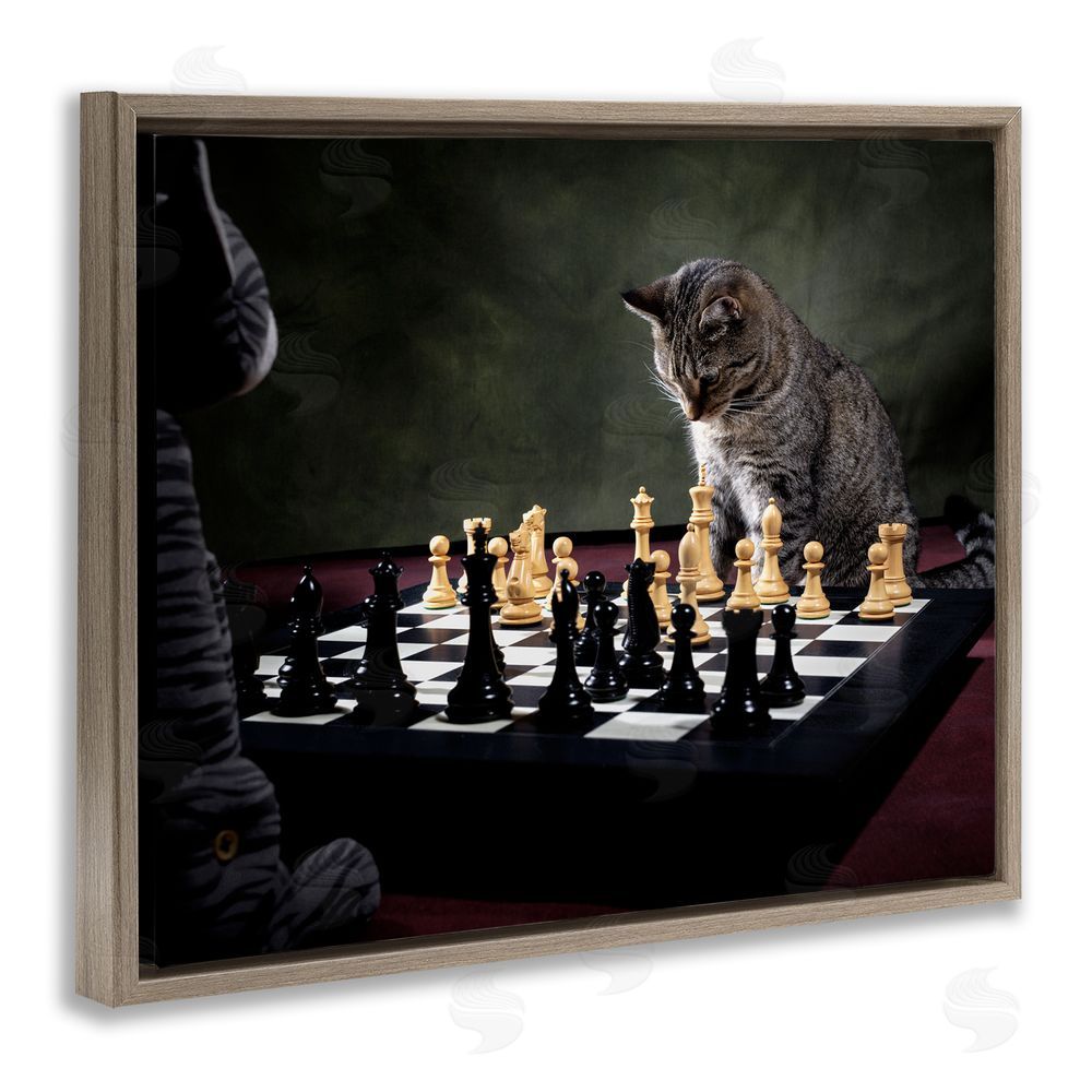 Jonathan Casey Cats Playing Chess Brown Floating Frame Canvas Wall Art Print