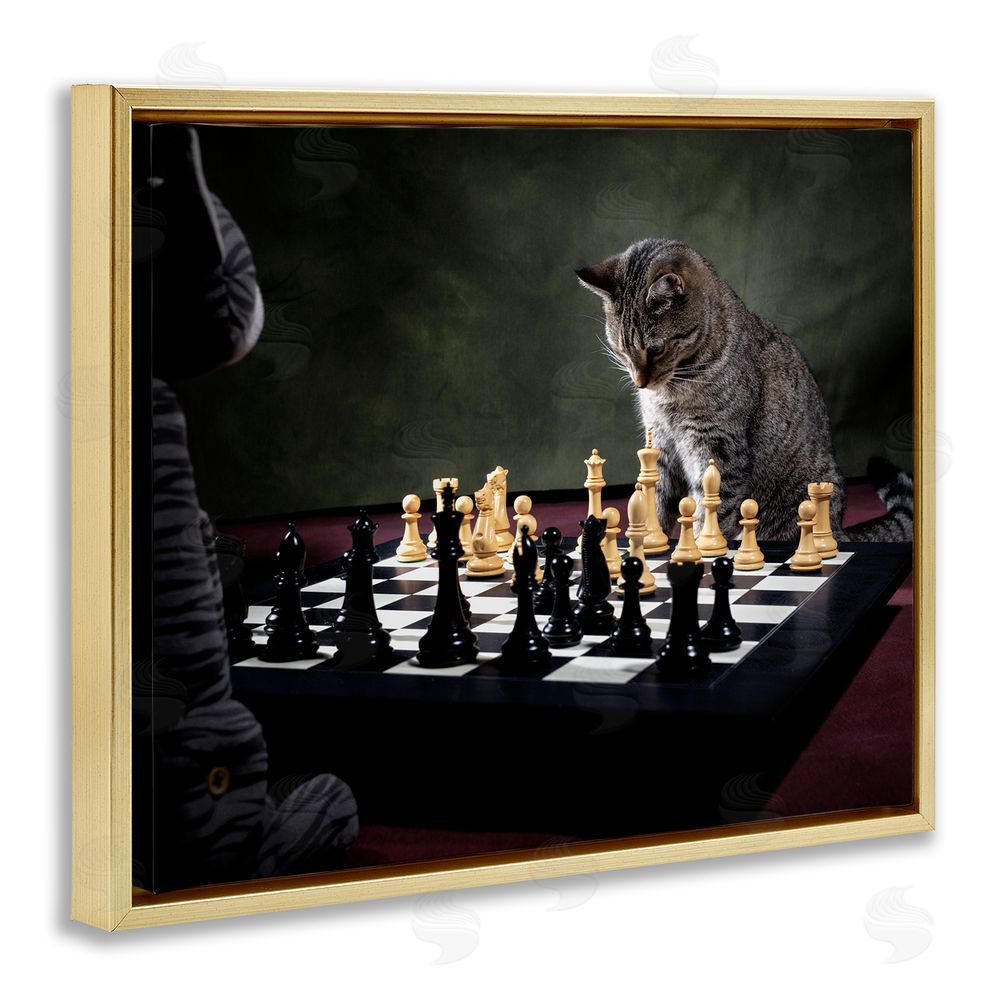 Jonathan Casey Cats Playing Chess Gold Floating Frame Canvas Wall Art Print