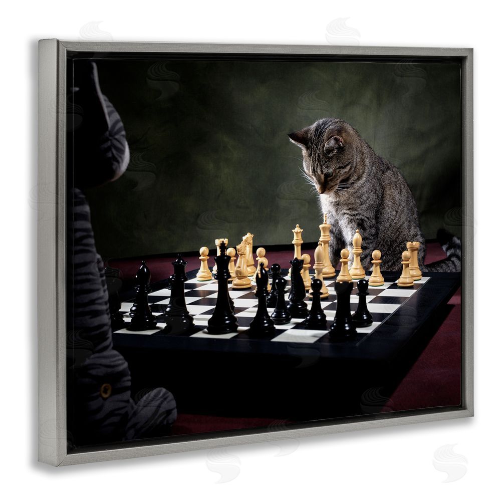 Jonathan Casey Cats Playing Chess Grey Floating Frame Canvas Wall Art Print