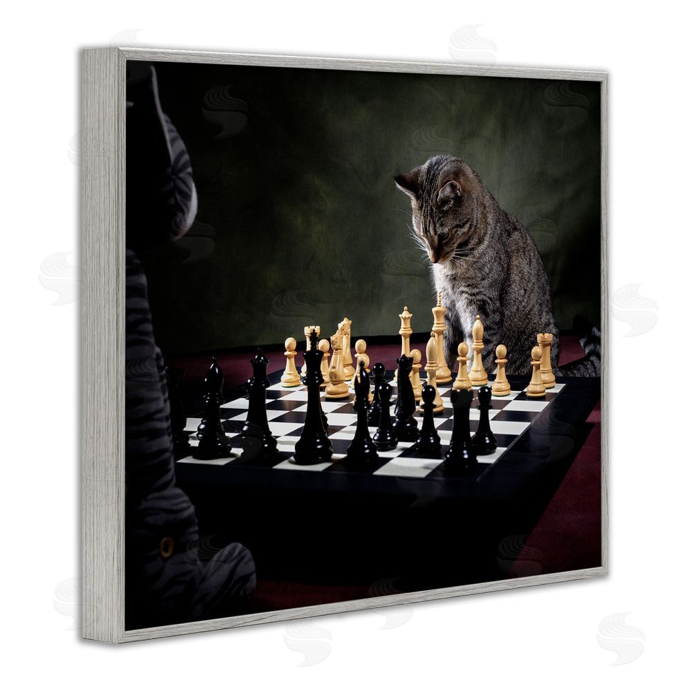 Jonathan Casey Cats Playing Chess Gray Framed Giclee Wall Art Print