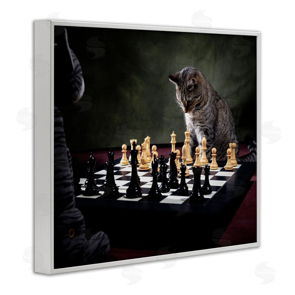 Jonathan Casey Cats Playing Chess White Framed Giclee Wall Art Print