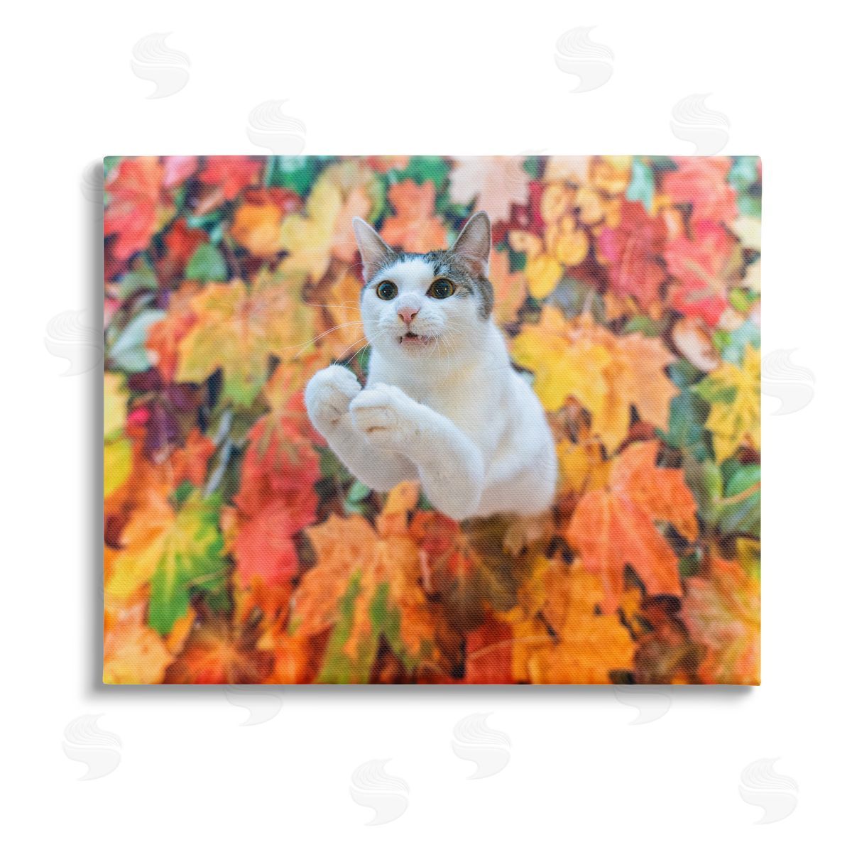 Kazutoshi Ono Cat in Autumn Leaf Pile Stretched Canvas Wall Art Print