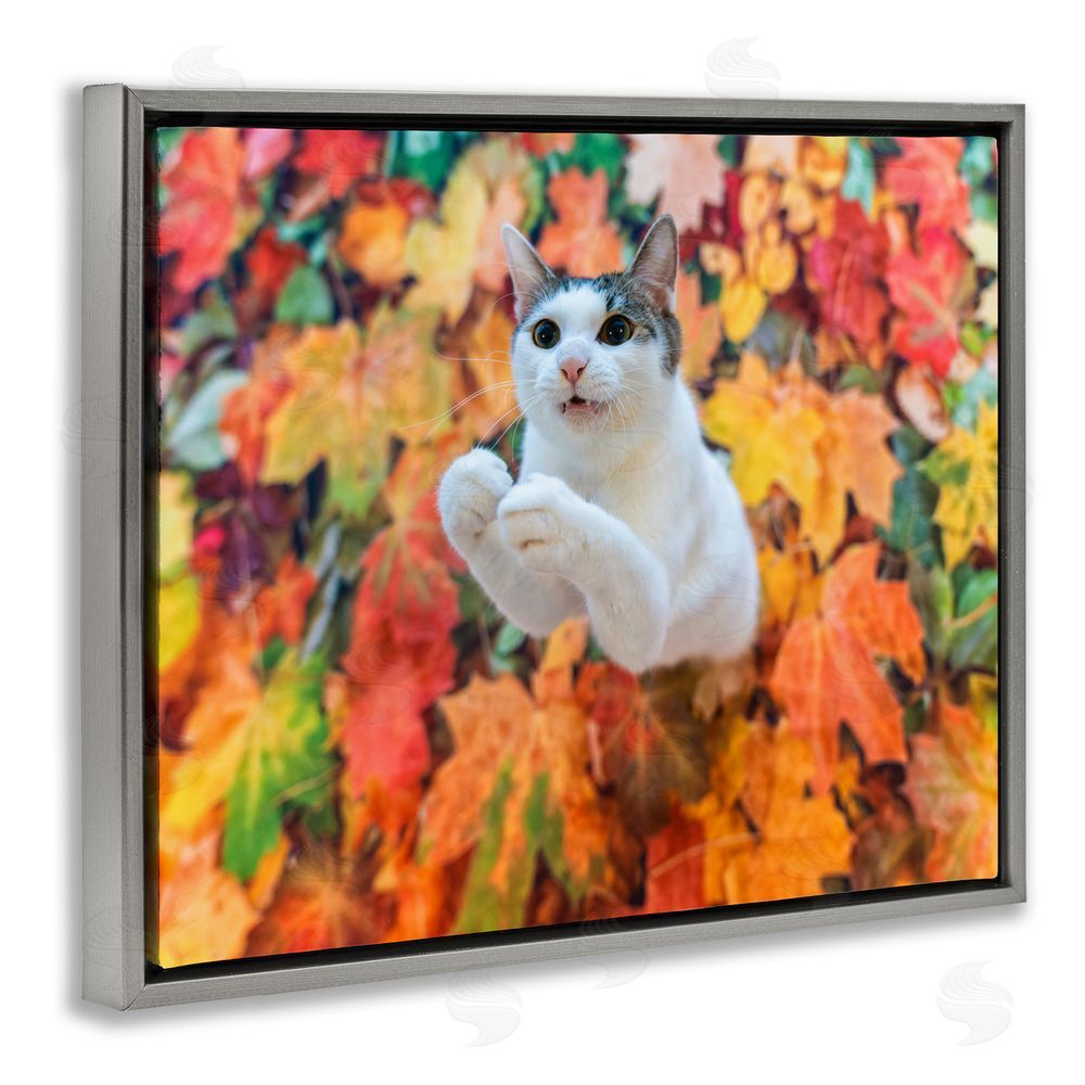 Kazutoshi Ono Cat in Autumn Leaf Pile Grey Floating Frame Canvas Wall Art Print