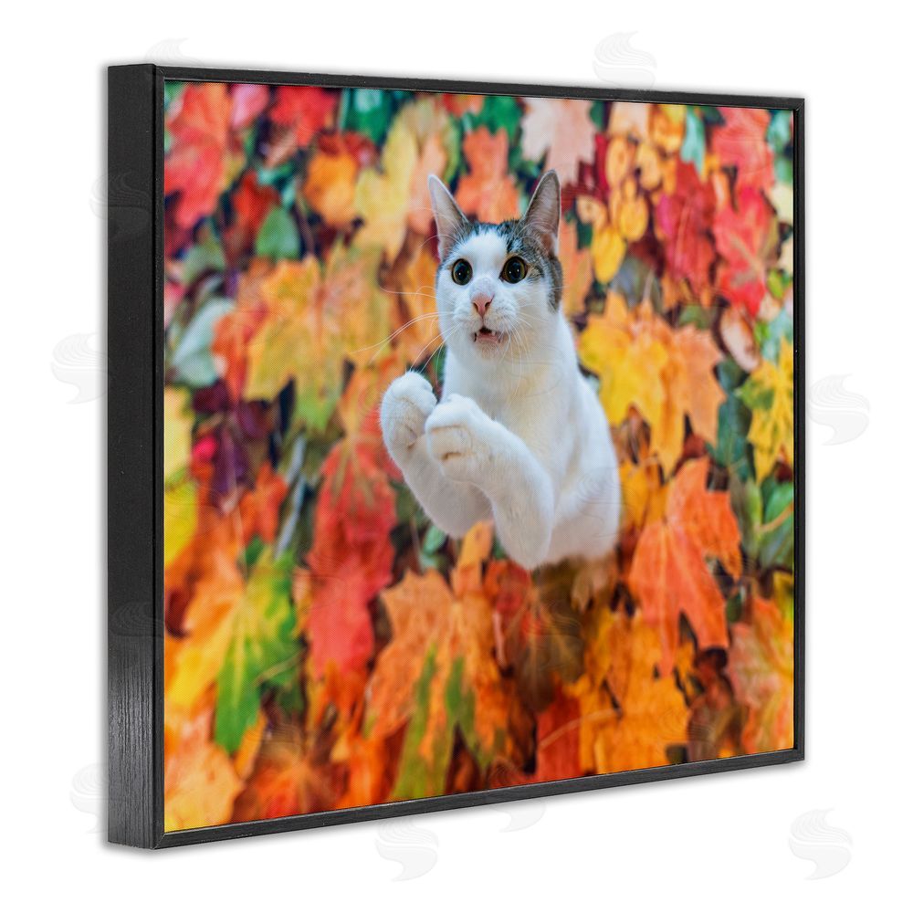 Kazutoshi Ono Cat in Autumn Leaf Pile Black Framed Giclee Wall Art Print