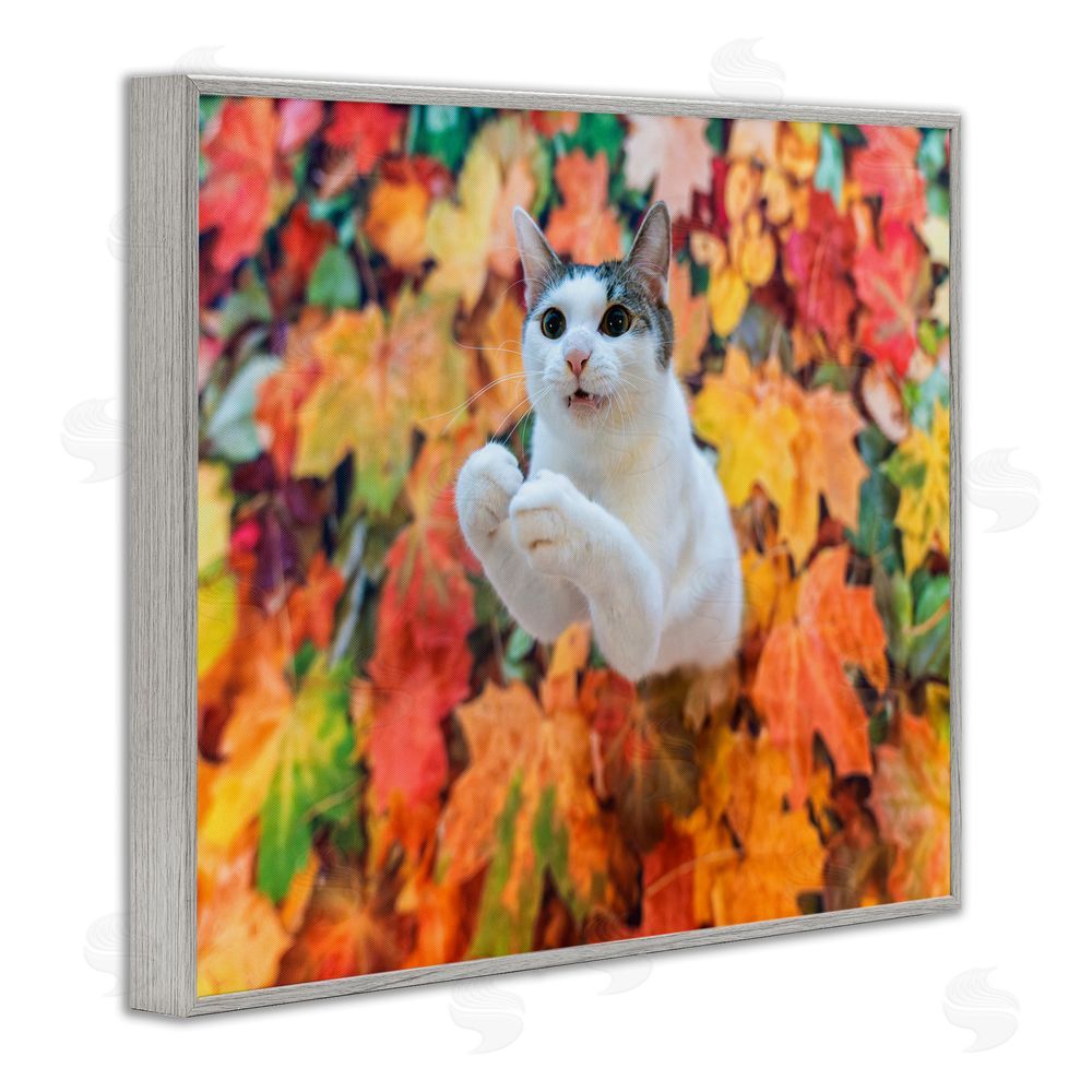 Kazutoshi Ono Cat in Autumn Leaf Pile Gray Framed Giclee Wall Art Print