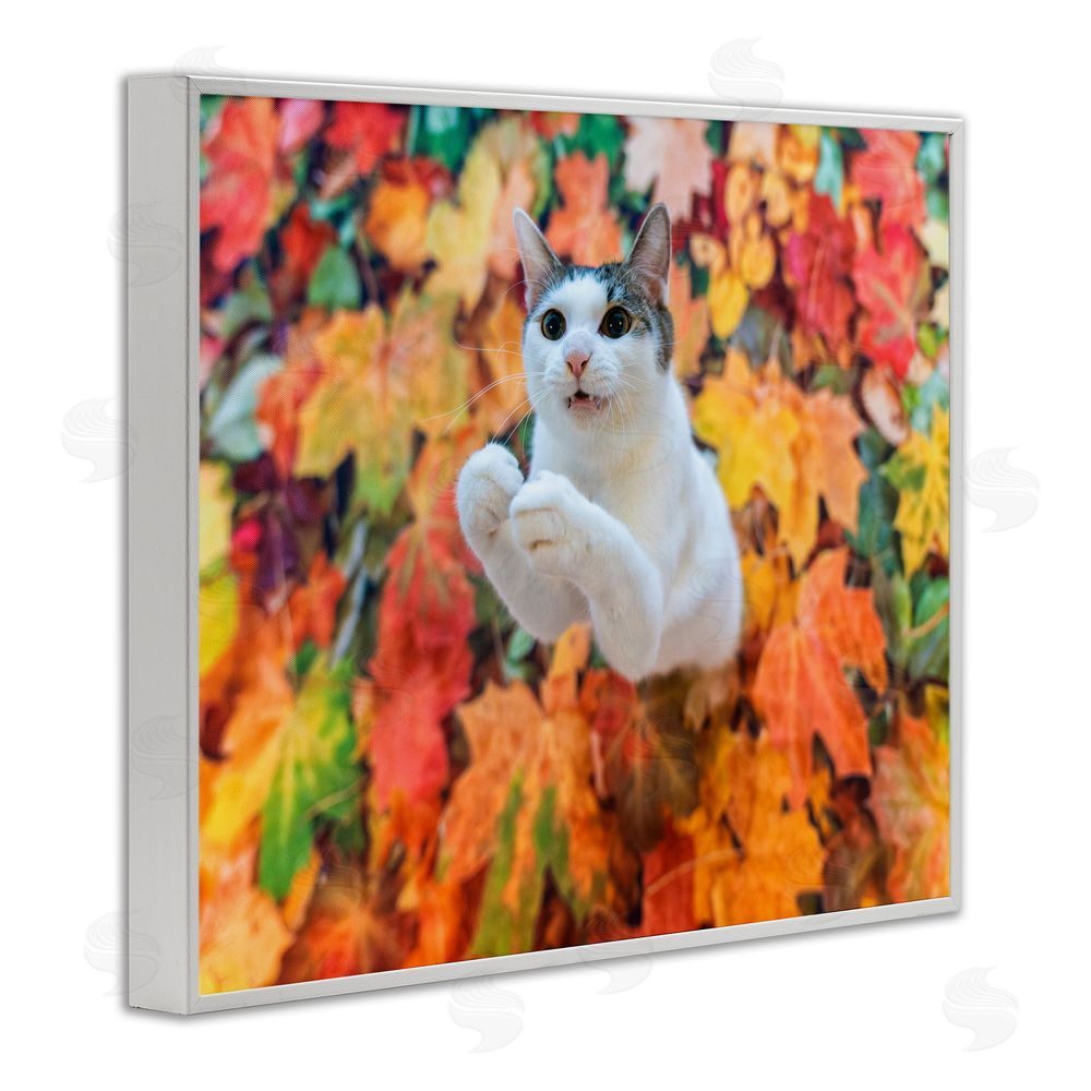 Kazutoshi Ono Cat in Autumn Leaf Pile White Framed Giclee Wall Art Print
