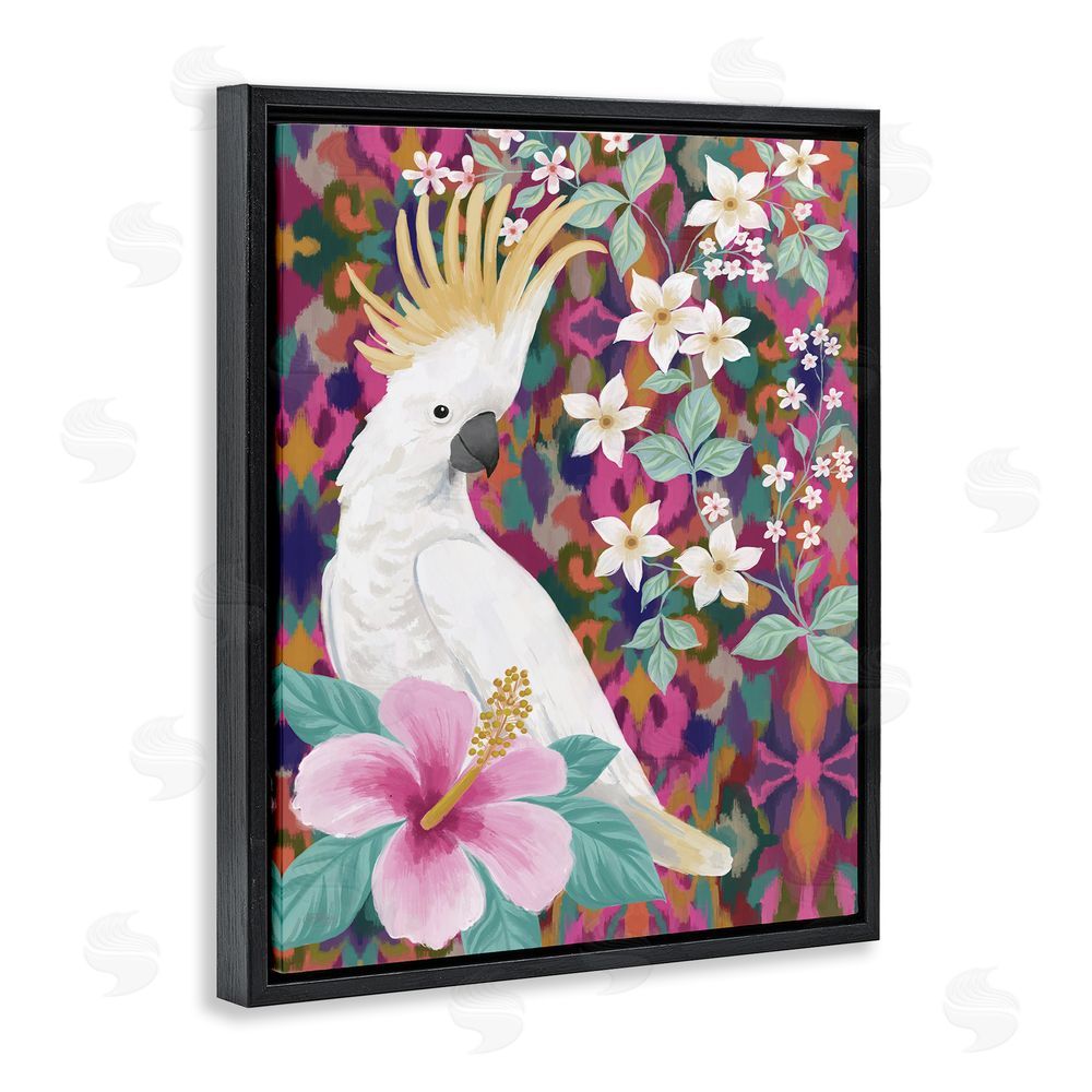 Cat Thurman Designs Cockatoo with Floral Hibiscus Black Floating Frame Canvas Wall Art Print