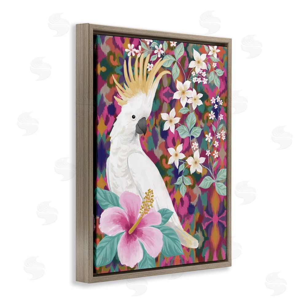 Cat Thurman Designs Cockatoo with Floral Hibiscus Brown Floating Frame Canvas Wall Art Print