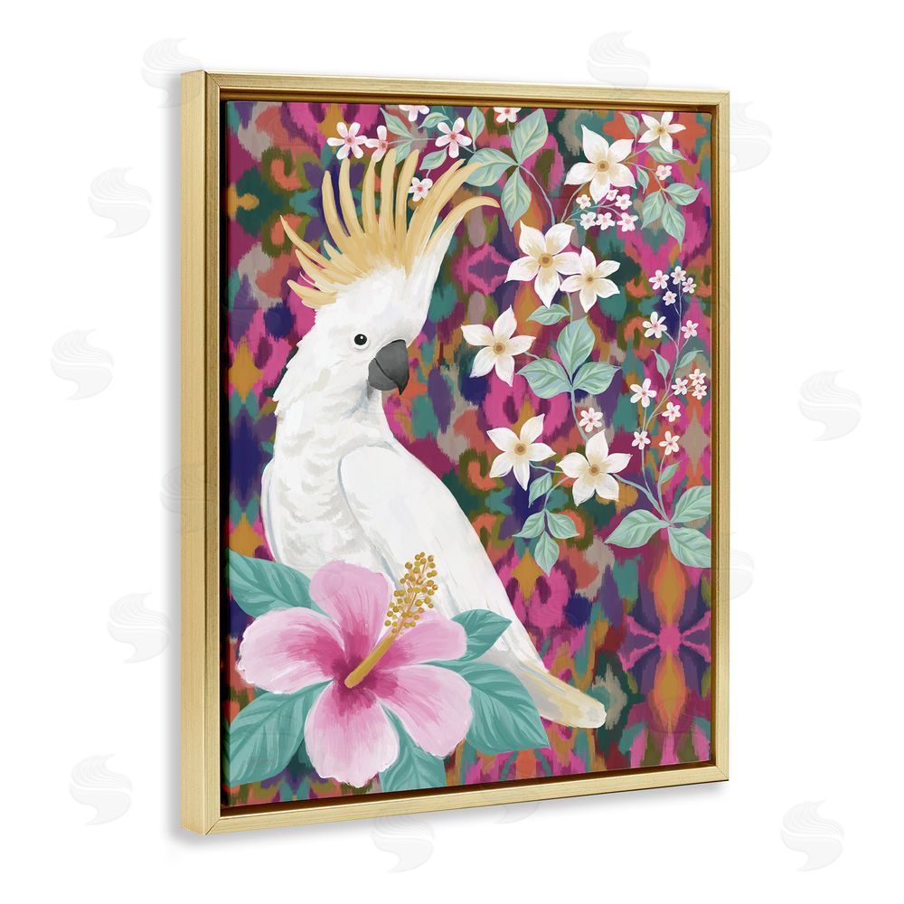 Cat Thurman Designs Cockatoo with Floral Hibiscus Gold Floating Frame Canvas Wall Art Print