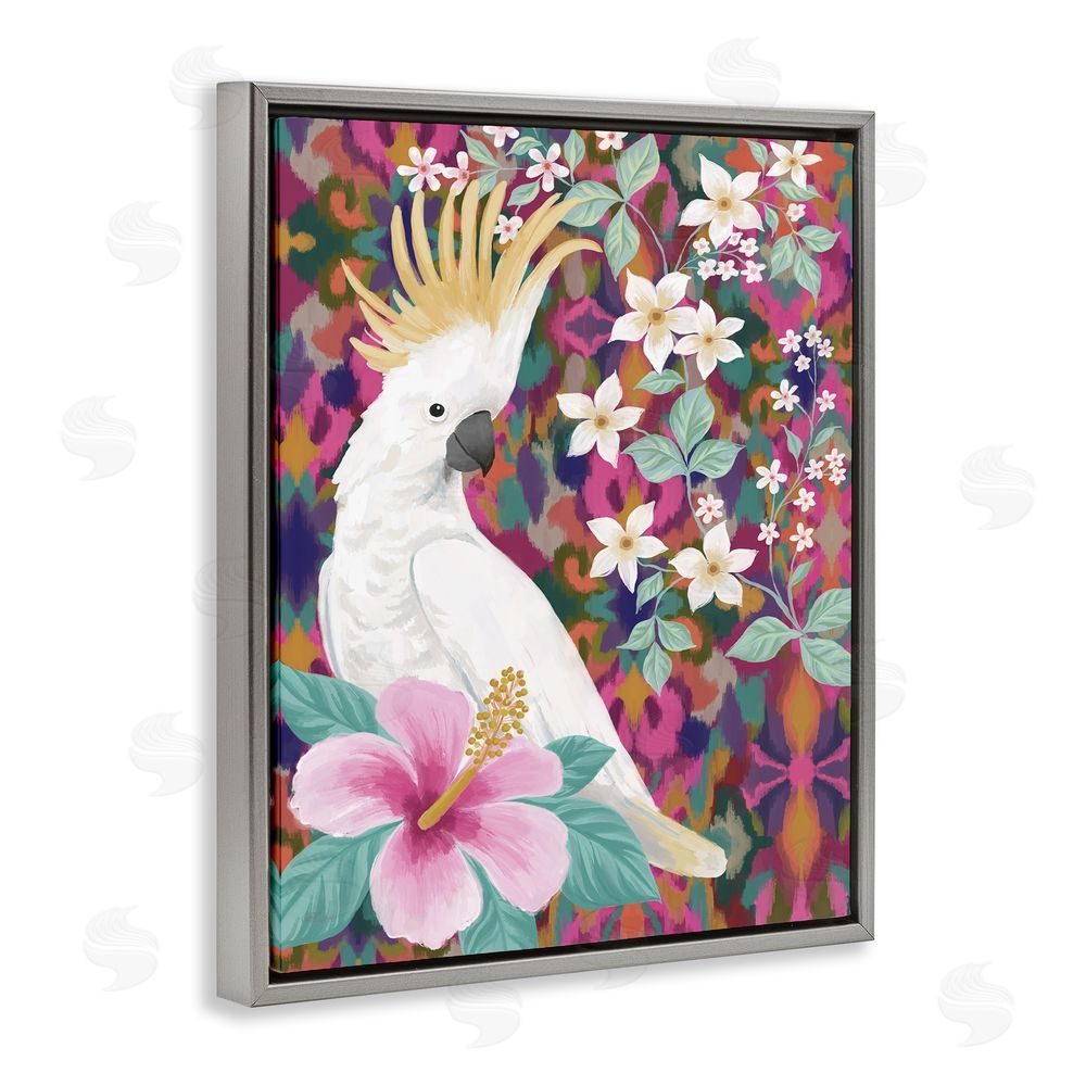 Cat Thurman Designs Cockatoo with Floral Hibiscus Grey Floating Frame Canvas Wall Art Print