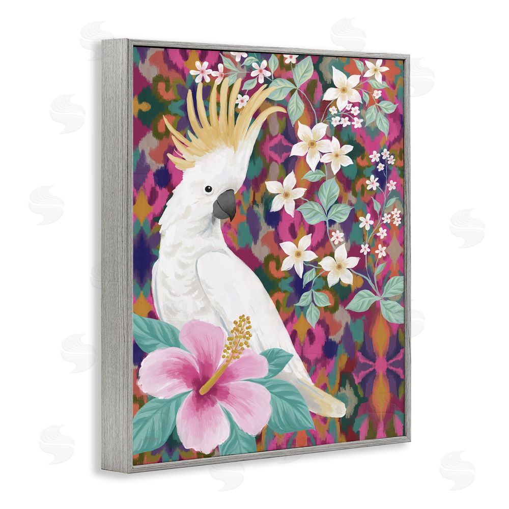 Cat Thurman Designs Cockatoo with Floral Hibiscus Gray Framed Giclee Wall Art Print