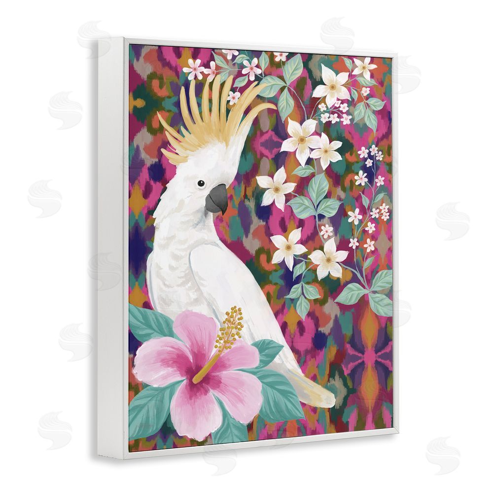 Cat Thurman Designs Cockatoo with Floral Hibiscus White Framed Giclee Wall Art Print