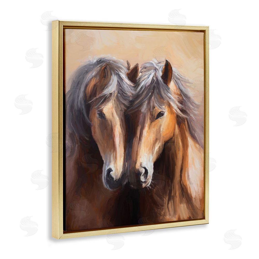 Ramona Murdock Horse Twins Hugging Gold Floating Frame Canvas Wall Art Print