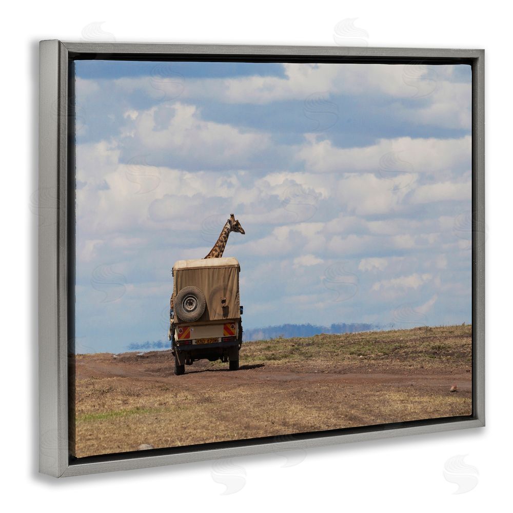 Marilyn Parver Giraffe in Safari Vehicle Grey Floating Frame Canvas Wall Art Print