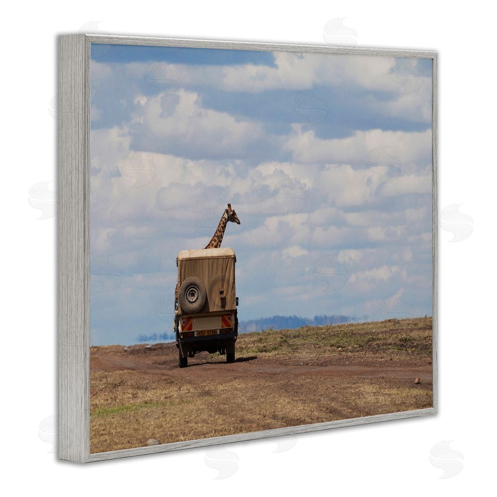 Marilyn Parver Giraffe in Safari Vehicle Gray Framed Giclee Wall Art Print